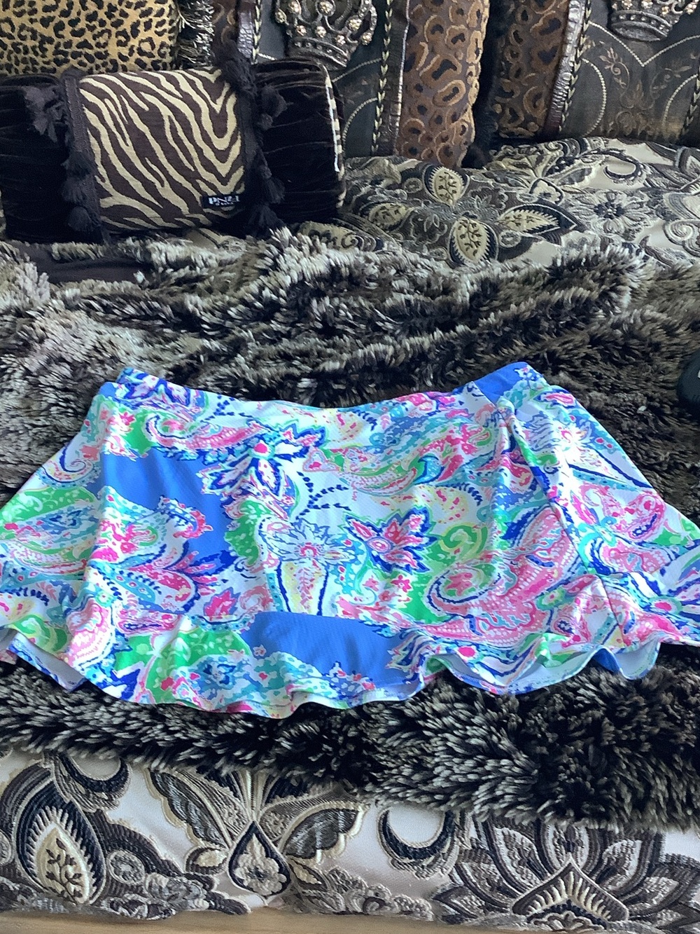 Gottex Blue Paisley Skater Skirt with Pink & Green Accents